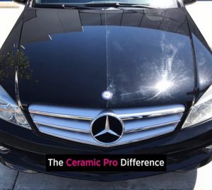 Mercedes Hood Black half with paint correction and ceramic coating
